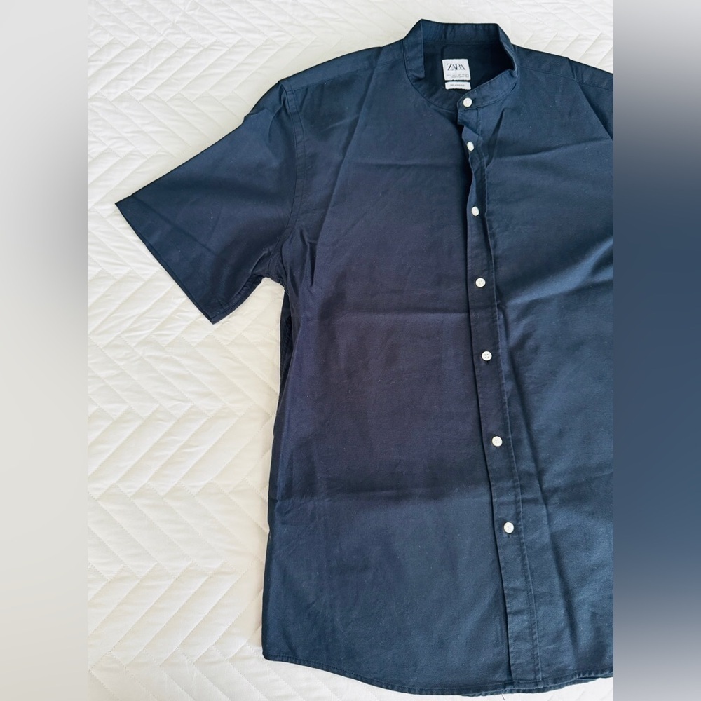 Zara Man Mandarin Collar Button Down Shirt Black Size L Used Great Condition! - Picture 4 of 11